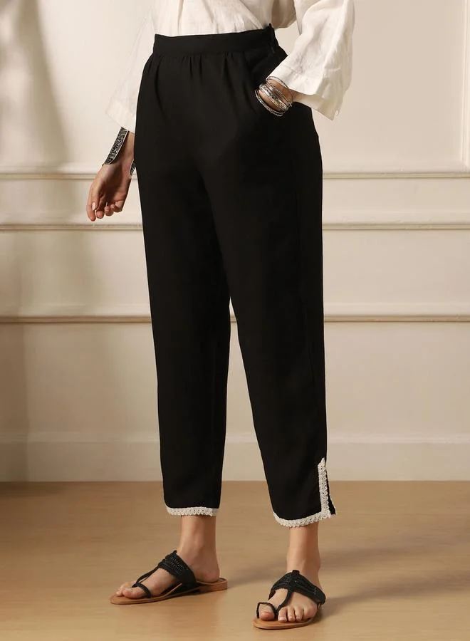 globus Women Black Lace Trim Tapered Trousers